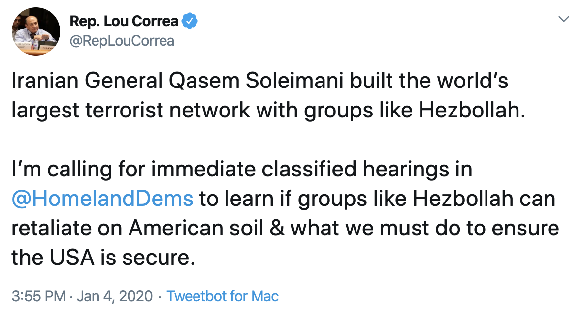 Lou Correa Calls For Hearings On Hezbollah Domestic Abilities